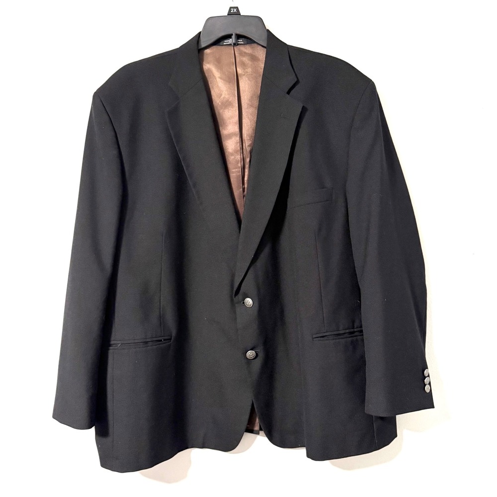 Stafford Mens 52R Black Blazer Worsted Wool Blend‎ Jacket Silver Two-Button